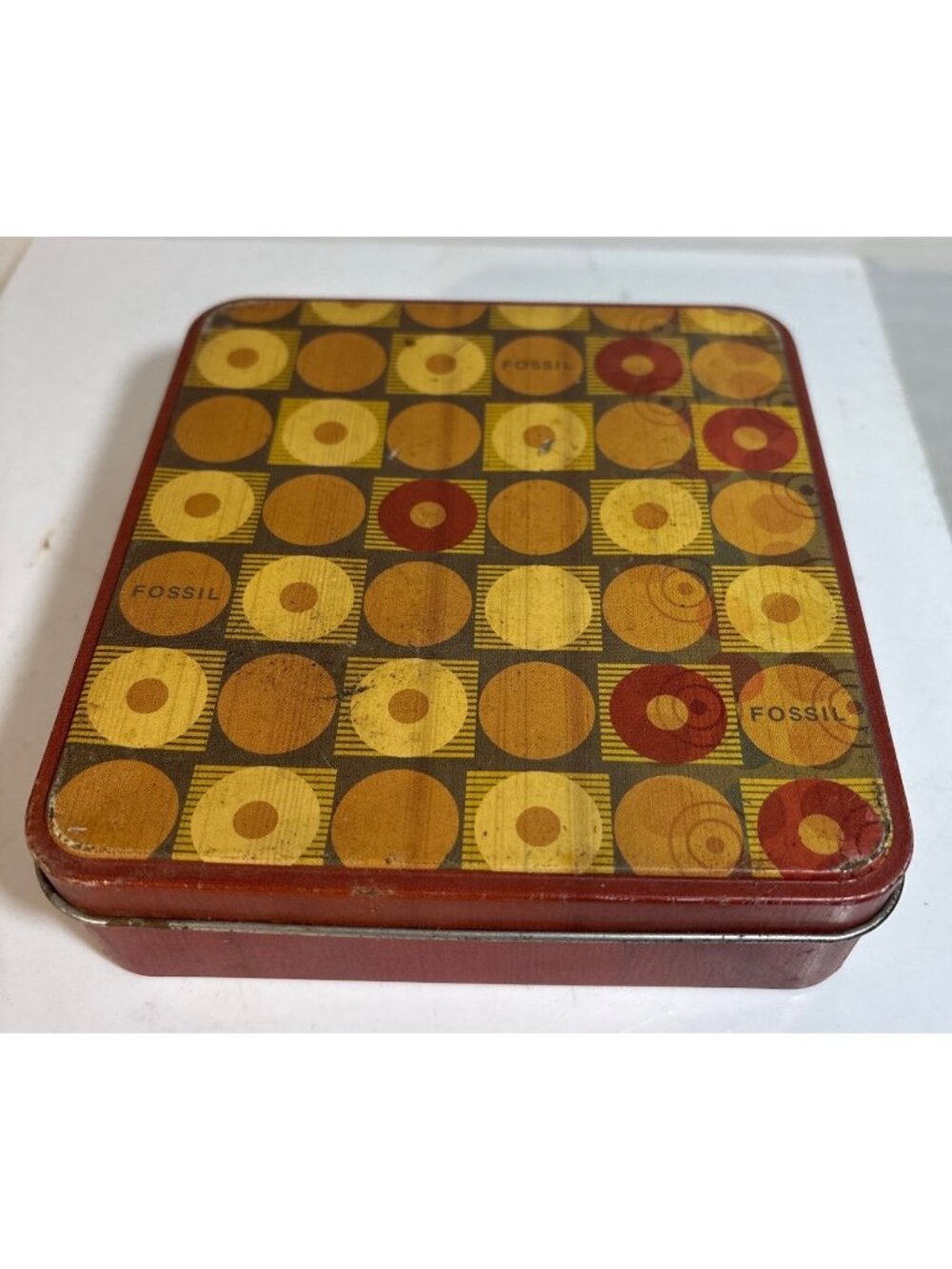 Fossil Retro Patterned Metal Storage Tin Square 5 x5 x 1.5" Orange Yellow Red